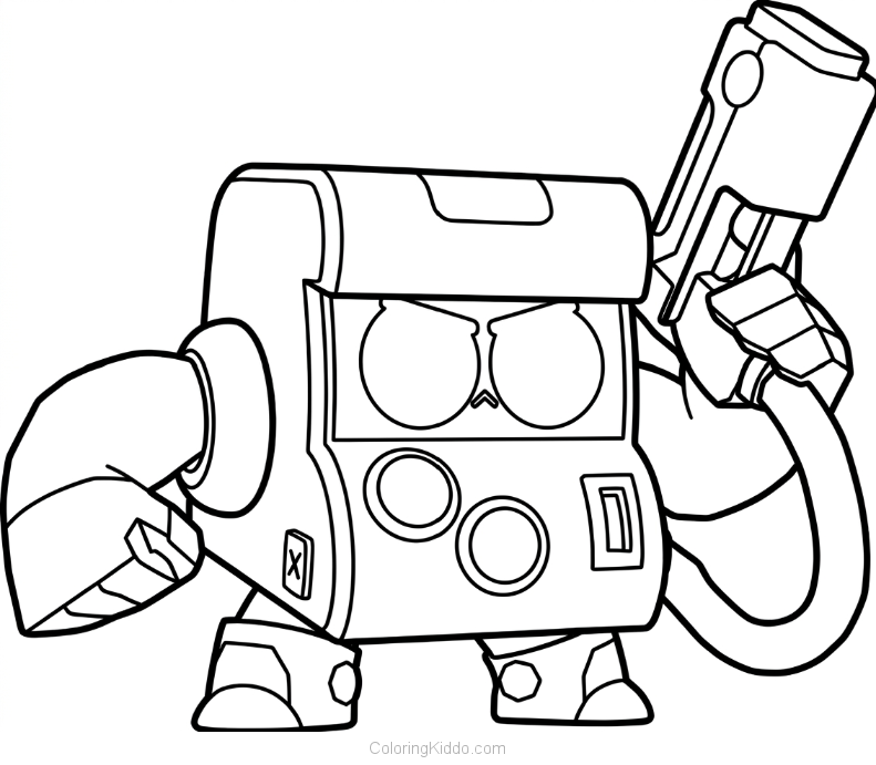 8-Bit holding his blaster gun, ready for action