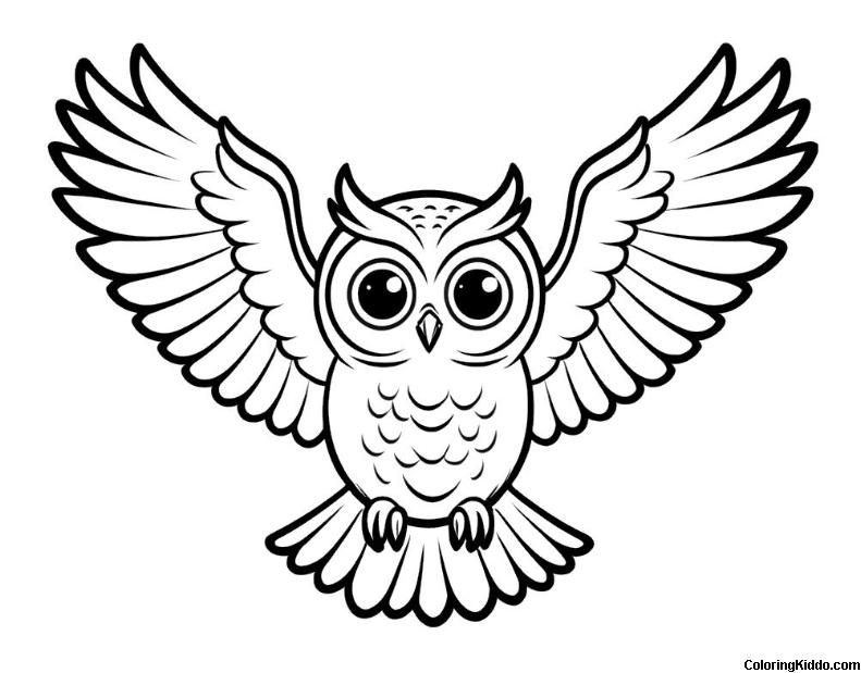 coloring page of a majestic owl with wings open 