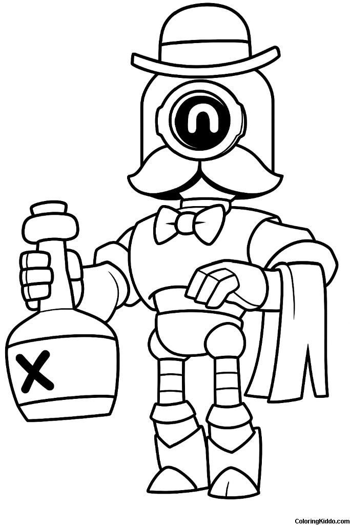 Barley, the bartending robot, holding a bottle and ready to serve