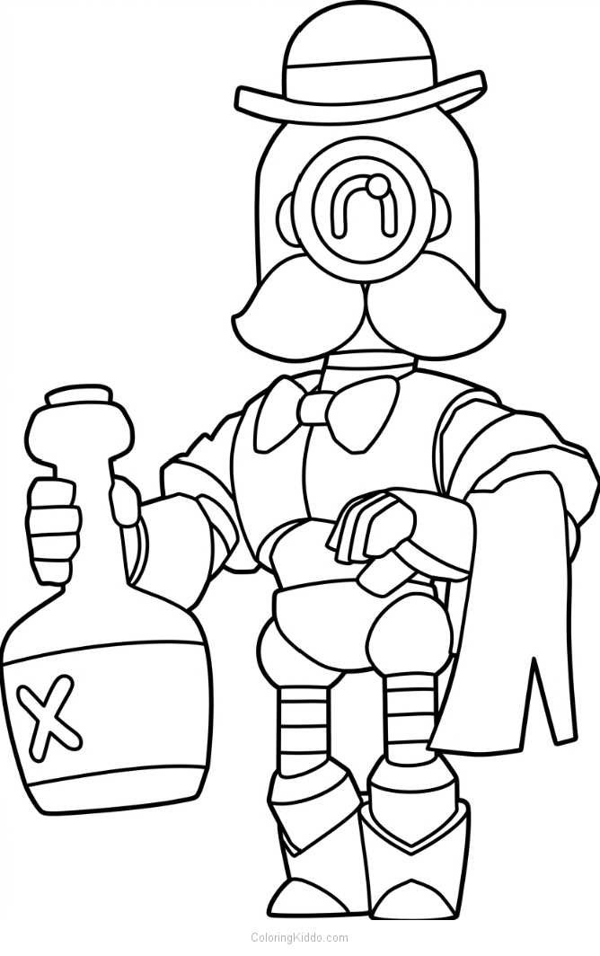 Barley, the bartending robot, holding a bottle and ready to serve