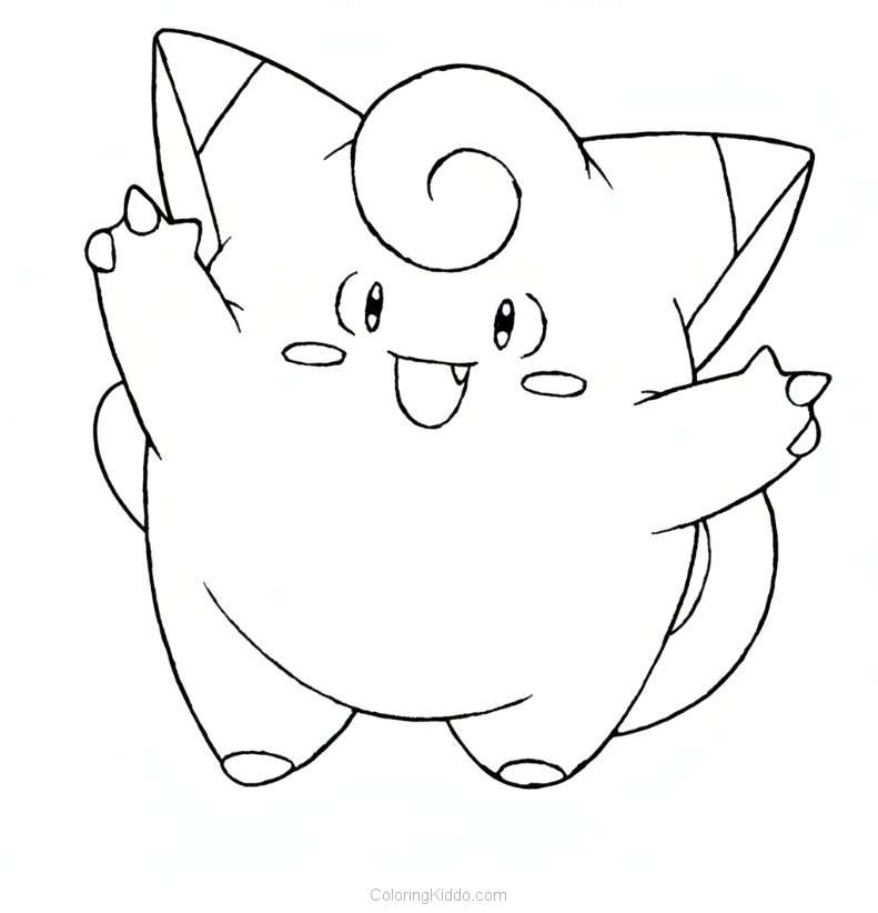 Clefairy raises its arms in a joyful cheer, looking super excited and ready for fun!