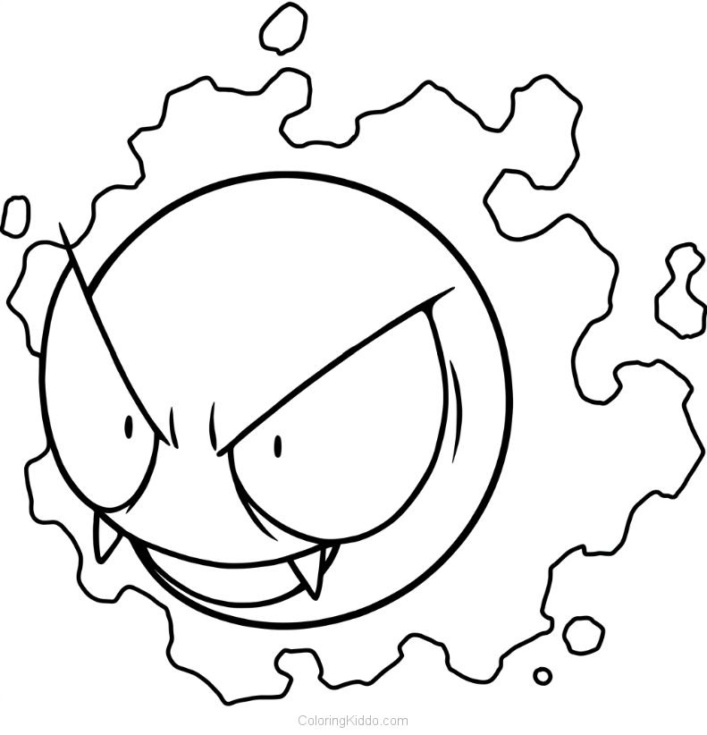 Gastly floats along surrounded by its cool purple gas, a fun friend to color!
