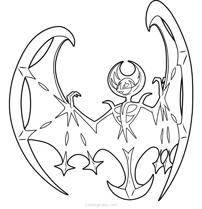 Lunala spreads its enormous, moon-shaped wings, glowing with cosmic power!