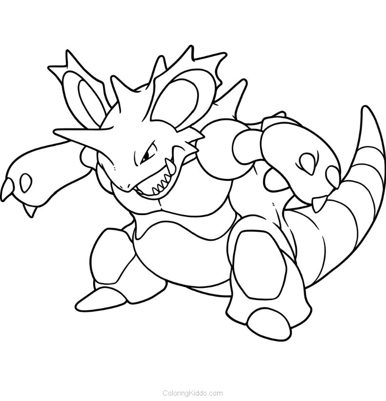 Nidoking shows off its awesome horn and sharp spines, looking super strong and fearless!