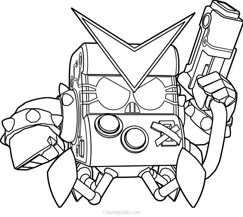 Antivirus 8-Bit shows off his cool spiked arm and glowing visor with a determined stare!