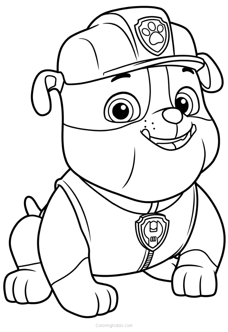 Rubble sits happy in his yellow hard hat, ready to dig and build the day away!