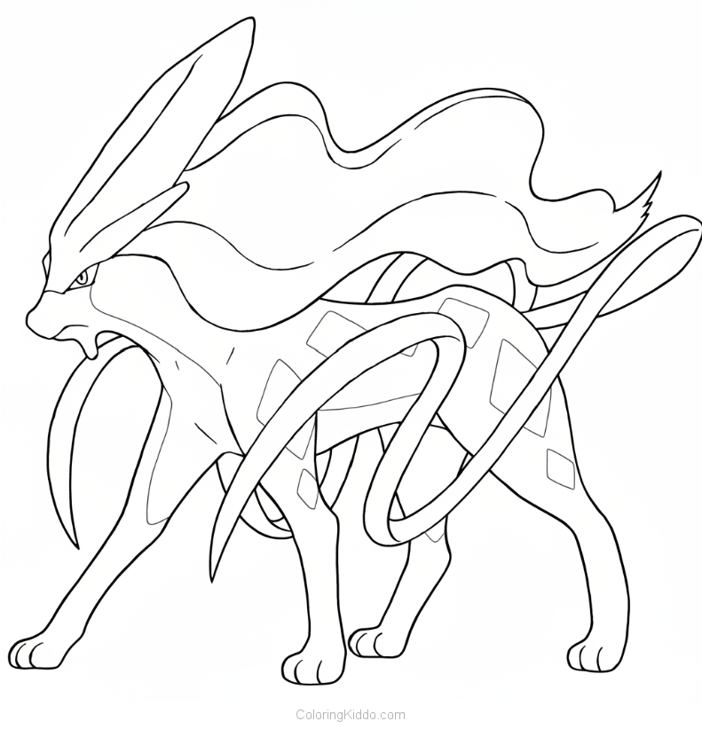 Suicune displays its fabulous flowing mane and ribbons as it steps with courage!